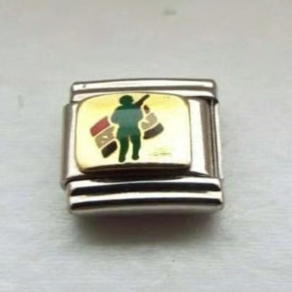Army soldier on gold enamel 9mm stainless steel Italian charm bracelet link new